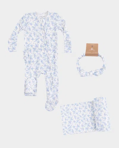 Angel Dear Kids' Girl's Romi Floral 2-way Zip Footie Romper, Headband & Blanket Set In White