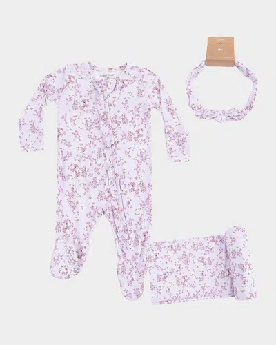 Angel Dear Kids' Girl's Sweet Dream Floral 2-way Zip Footie, Headband & Blanket Set In White