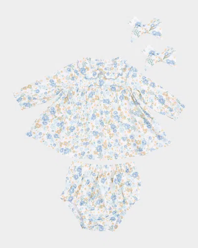 Angel Dear Kids' Girl's Sweet Rose Calico Dress, Diaper Cover & Bow Clips Set In White