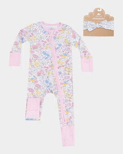 Angel Dear Kids' Girl's Viola Floral-print Coverall W/ Headband In Multi