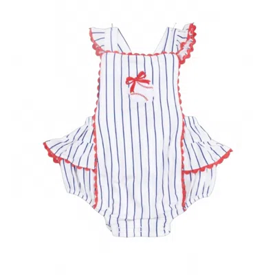 Angel Dear Kids' Girls Baseball Stripe Bamboo Ric Rac Ruffle Sunsuit In White In Multi
