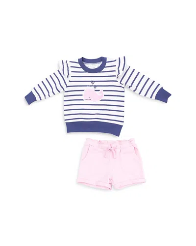 Angel Dear Girls' Bubble Whale French Terry Ruffled Trim Sweatshirt & Paperbag Shorts Set - Baby In Pink