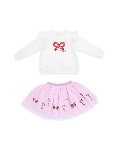 Angel Dear Girls' Candy Canes Ruffled Shoulder Waffle Sweatshirt & Tutu Skirt Set - Baby In White