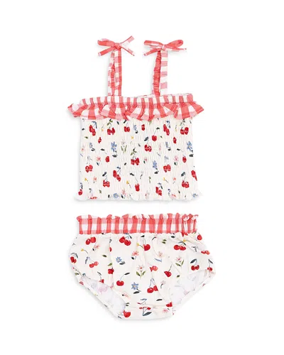 Angel Dear Girls' Watercolor Cherries Gingham Smocked Ruffle Top & Bloomer Set - Baby In Red