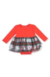 Angel Dear Holiday Plaid Skirted Bodysuit In Red