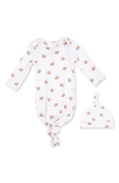 Angel Dear Babies'  Mini Football Print Knotted Gown & Hat Set In White
