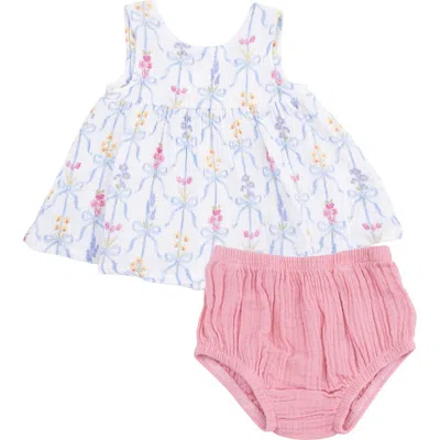 Angel Dear Babies'  Ribbon Bouquets Organic Cotton Muslin Dress & Bloomers Set In Pink