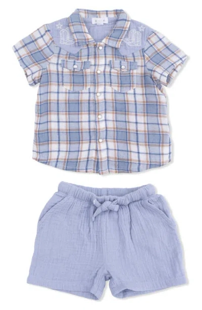 Angel Dear Babies'  Western Boot Plaid Organic Cotton Muslin Pearl Snap Shirt & Shorts Set In Blue