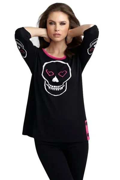 Angel Heart & Skull Graphic Sweater In Black/fuchsia