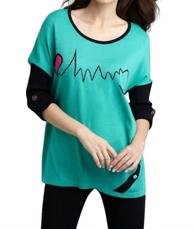 Angel Heartbeat Graphic Sweater In Teal/black In Blue