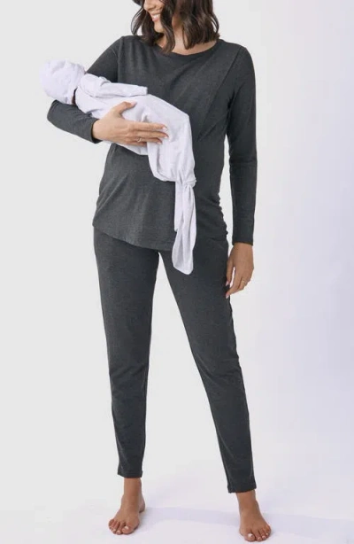 Angel Maternity Maternity/nursing Top, Lounge Pants & Knotted Baby Gown Set In Charcoal
