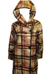 ANGEL PLAID SIDE BUTTON LONG HOODED RAIN JACKET IN GOLD MULTI