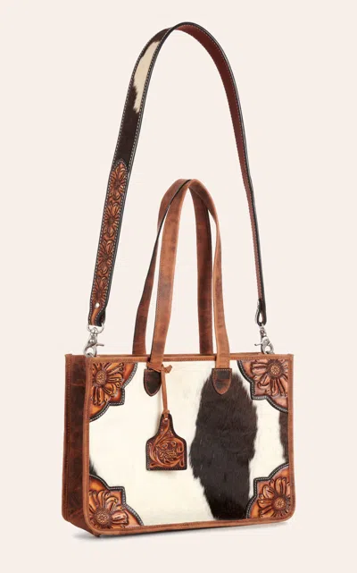 Angel Ranch Caramel Leather Tooled Sunflowers Cream & Black Hair On Hide Crossbody Concealed Carry Tote In Brown