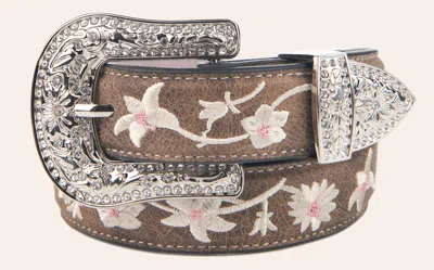 Angel Ranch Girl's Coffee Leather White & Pink Embroidered Flowers & Bling Buckle Western Belt In Multi