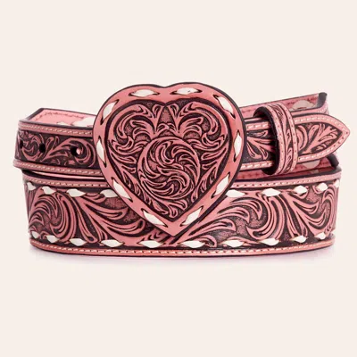 Angel Ranch Women's Pink Tooled Leather & Leather Heart Buckle Belt