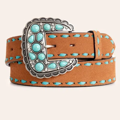 Angel Ranch Women's Tan Stitched Suede Turquoise Stone Buckle Western Belt In Brown