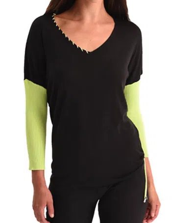 Angel Rib Sleeve V-neck Top In Black/lime