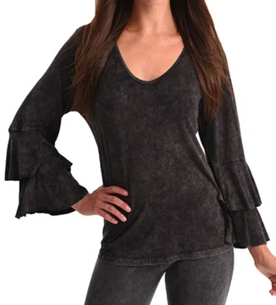 Angel Stone Wash Bell Sleeve Top In Charcoal In Grey
