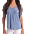 Angel Stone Wash Cut Out Fringe Beaded Sleeve Top In Denim In Multi