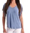 ANGEL STONE WASH CUT OUT FRINGE BEADED SLEEVE TOP IN DENIM