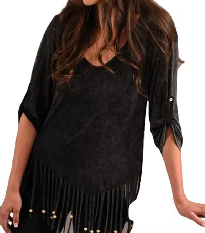 Angel Stone Wash Cut Out Fringe Top In Charcoal In Pink