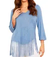 Angel Stone Wash Cut Out Fringe Top In Denim In Multi