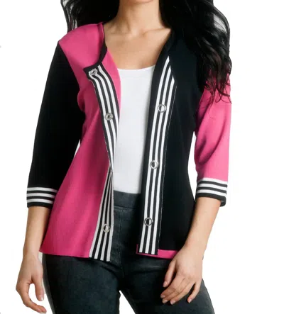 Angel Striped Placket Cardigan In Black/fuchsia In Pink