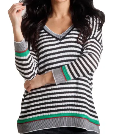 Angel Striped V-neck 3/4 Sleeve Sweater In Black/white