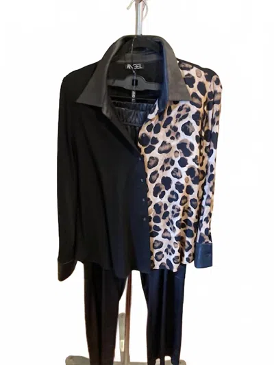 Angel Women's Shirt Jacket With Vegan Leather Trim In Black & Leopard In Multi