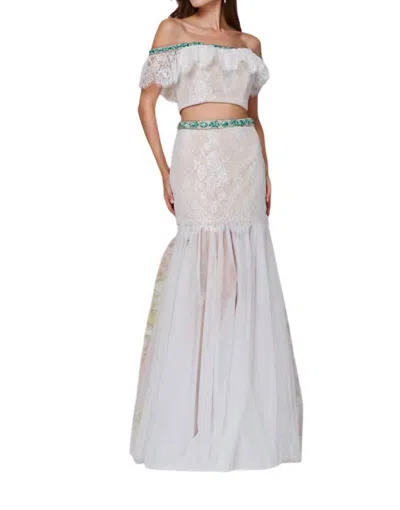 Angela & Alison Cropped Top Prom Dress In Emerald/nude In White