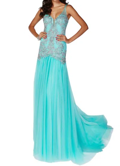 Angela & Alison Glittered Prom Dress In Turquoise In Blue