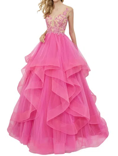 Angela & Alison Plunging V-neck Prom Dress In Fuchsia In Pink