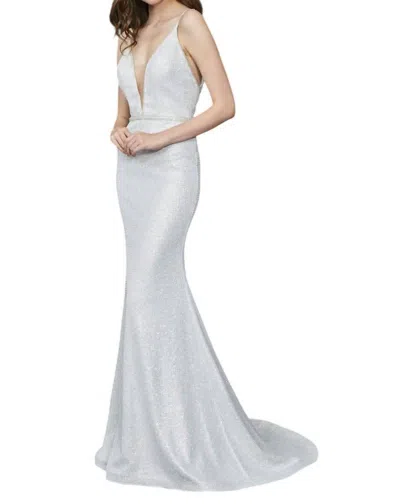 Angela & Alison Plunging V-neck Prom Dress In Silver