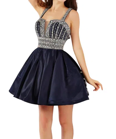 Angela & Alison Rhinestone Short Prom Dress In Navy In Blue