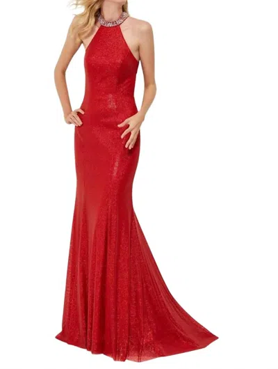 Angela & Alison Sequin Halter Prom Dress In Hot Red