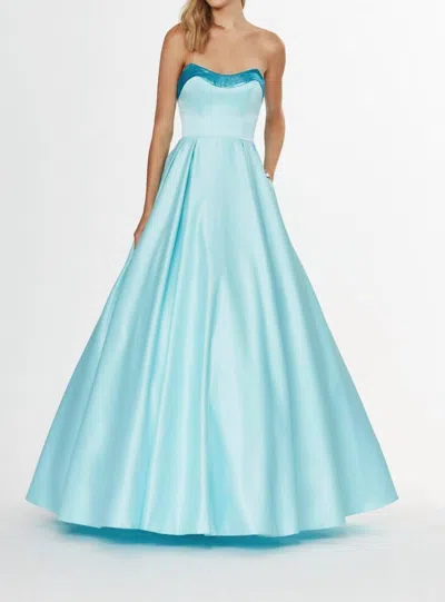 Angela & Alison Strapless Satin Ballgown In Bahama Breeze In Blue