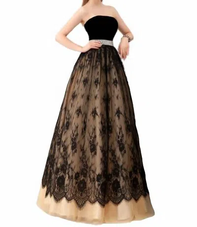 Angela & Alison Strapless Velvet And Tulle Ballgown In Black/nude