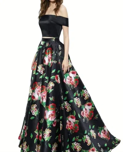 Angela & Alison Two Piece Floral Ballgown In Black/floral