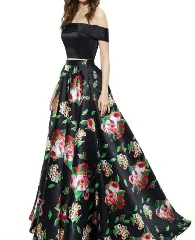 Angela & Alison Two Piece Floral Ballgown In Black/floral In Multi