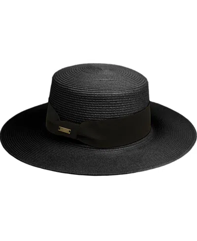 Angela & William Unisex Flat Brim Boater Straw Sun Hat In Black