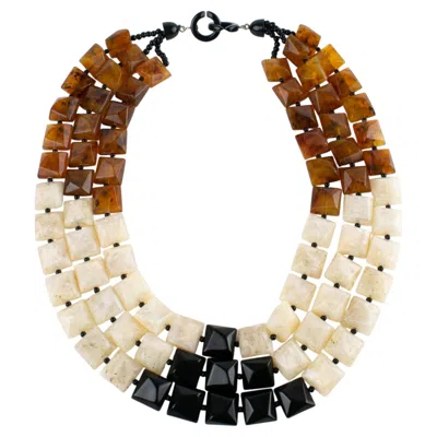 Pre-owned Angela Caputi Multi-strand Resin Choker Necklace Black, Faux-marble And Rootbeer