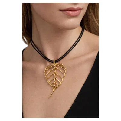 Pre-owned Angela Cummings 18k Yellow Gold Leaf Pendant Necklace With Original Leather Cord