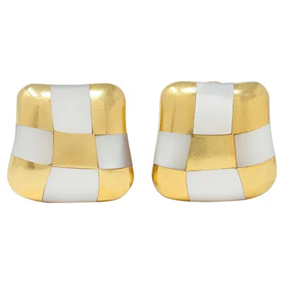 Pre-owned Angela Cummings 1980 Mother-of-pearl 18 Karat Gold Vintage Checkerboard Earrings In Multi