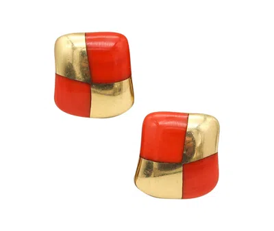 Pre-owned Angela Cummings 1984 Modernist Clips On Earrings In 18kt Gold With Carved Corals In Multi