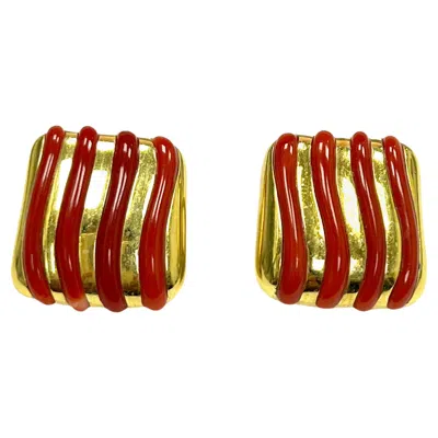 Pre-owned Angela Cummings Agate Carnelian Yellow Gold Ear Clips, 1989
