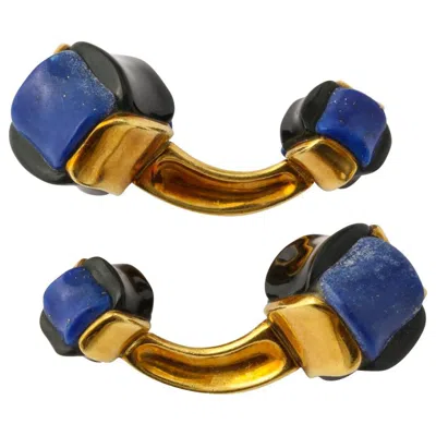 Pre-owned Angela Cummings Carved Lapis Lazuli, Black Jade, Gold Cufflinks
