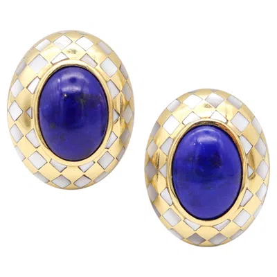 Pre-owned Angela Cummings Clips-on Earrings In 18kt Gold With Inlaid Nacre And Lapis In Multi