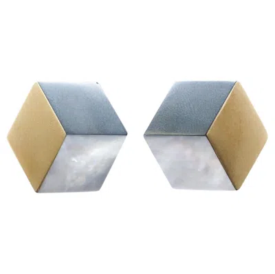 Pre-owned Angela Cummings Estate  18k Gold Mother Of Pearl And Hematite Cube Earrings - Vhk In Multi