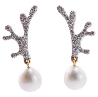 Pre-owned Angela Cummings For Assael Coral Motif Diamond Pearl Gold Earrings In Red