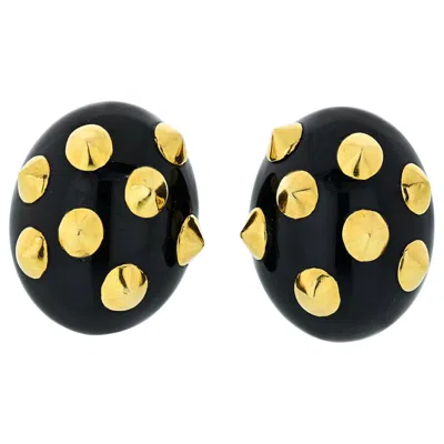 Pre-owned Angela Cummings Gold And Black Jade Studded Earrings In Green
